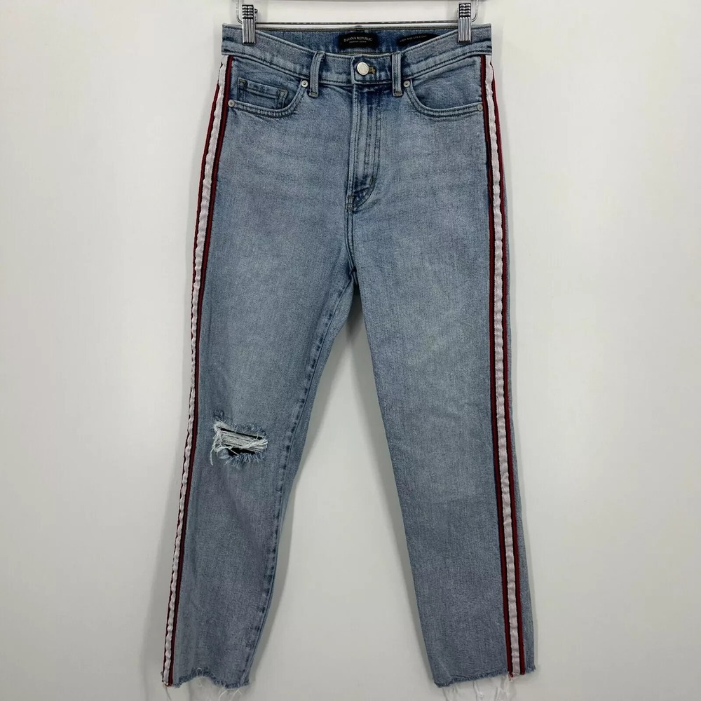 Banana Republic High Rise Straight Jeans Light Wash Side Stripe Distressed 28